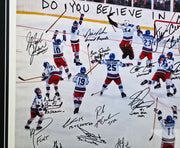 1980 Team USA Autographed Framed 24x32 Lithograph Photo "Do You Believe In Miracles?!" With 20 Signatures Including Herb Brooks #2/6 Beckett BAS #AC40046