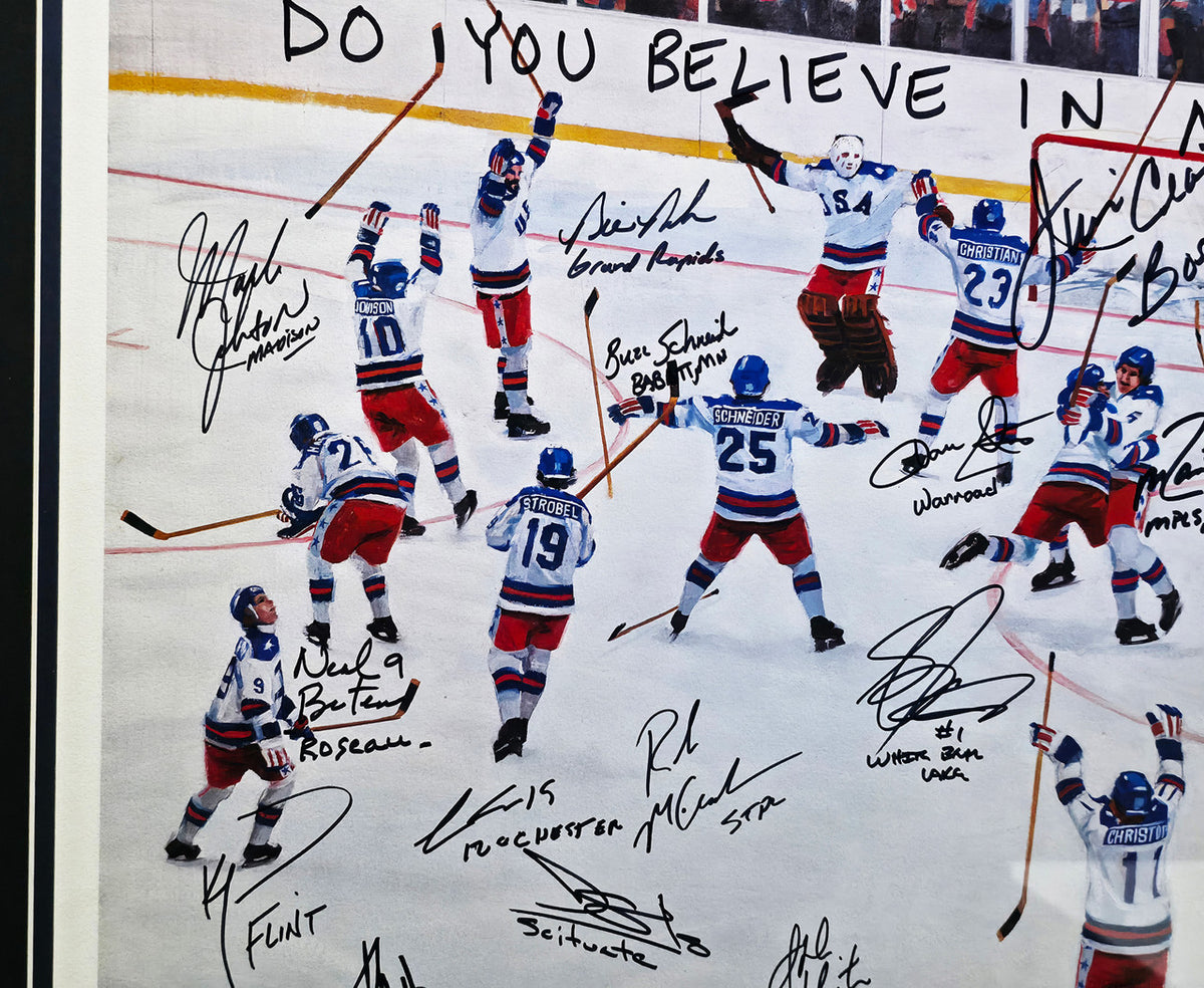 1980 Team USA Autographed Framed 24x32 Lithograph Photo "Do You Believe In Miracles?!" With 20 Signatures Including Herb Brooks #2/6 Beckett BAS #AC40046