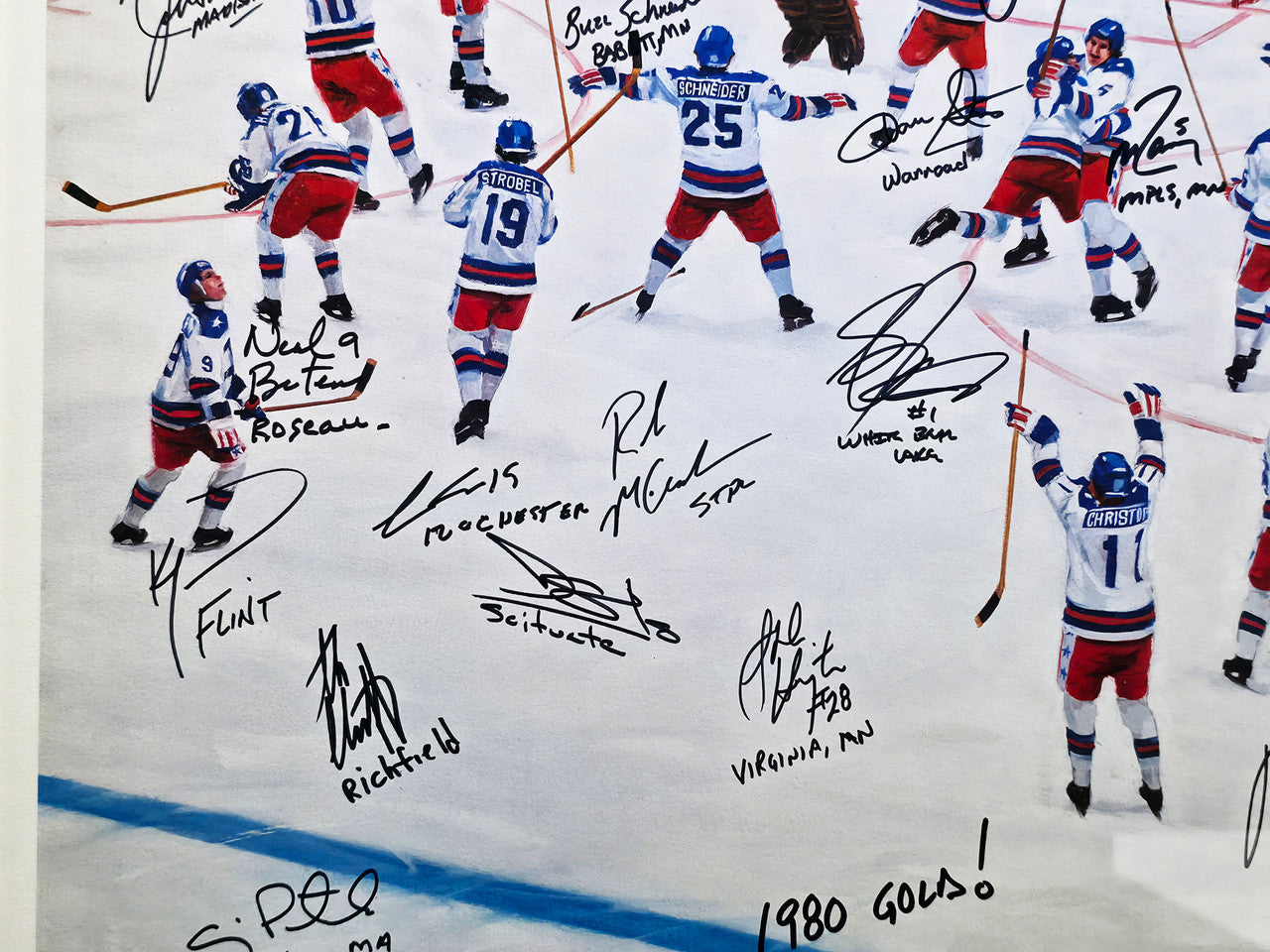 1980 Team USA Autographed Framed 24x32 Lithograph Photo "Do You Believe In Miracles?!" With 20 Signatures Including Herb Brooks #2/6 Beckett BAS #AC40046