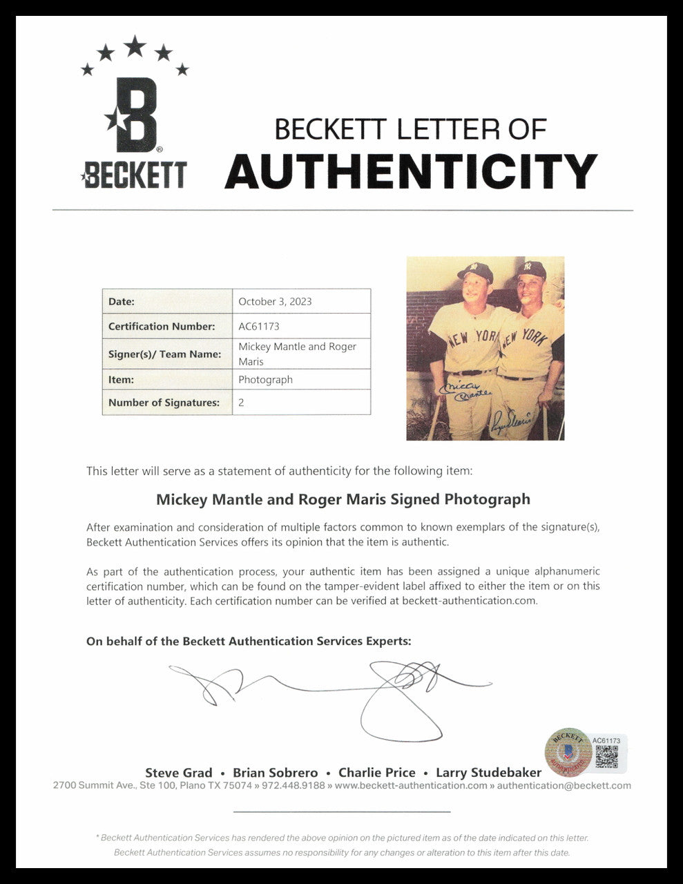 Mickey Mantle & Roger Maris Autographed Framed 8x10 Photo New York Yankees Beckett BAS #AC61173