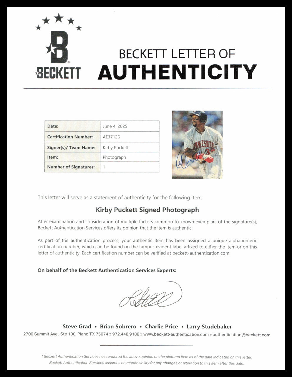 Kirby Puckett Autographed Framed 8x10 Photo Minnesota Twins Beckett BAS #AE37126
