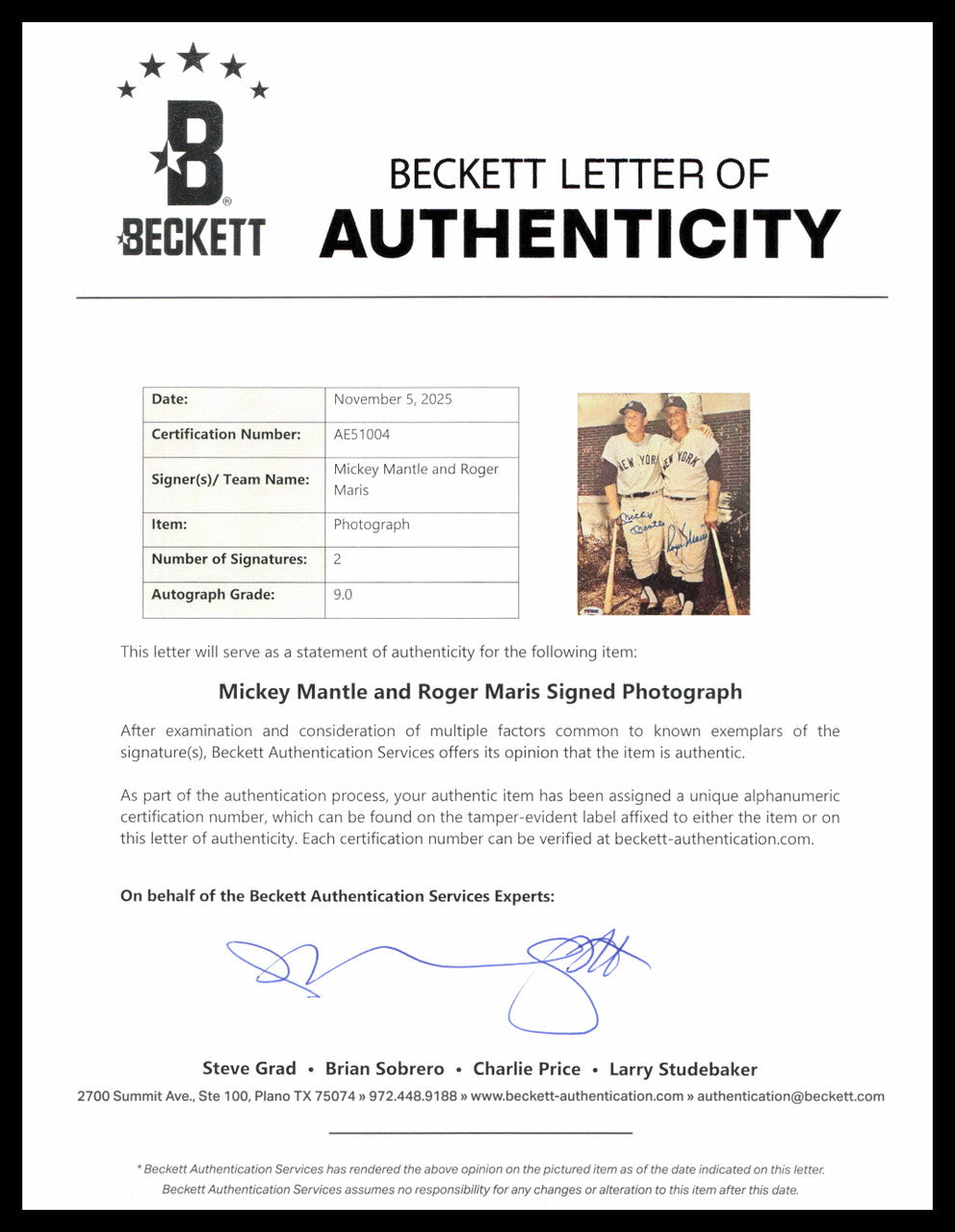 Mickey Mantle & Roger Maris Autographed Framed 8x10 Photo New York Yankees Auto Grade Mint 9 PSA/DNA & Beckett BAS #AE51004