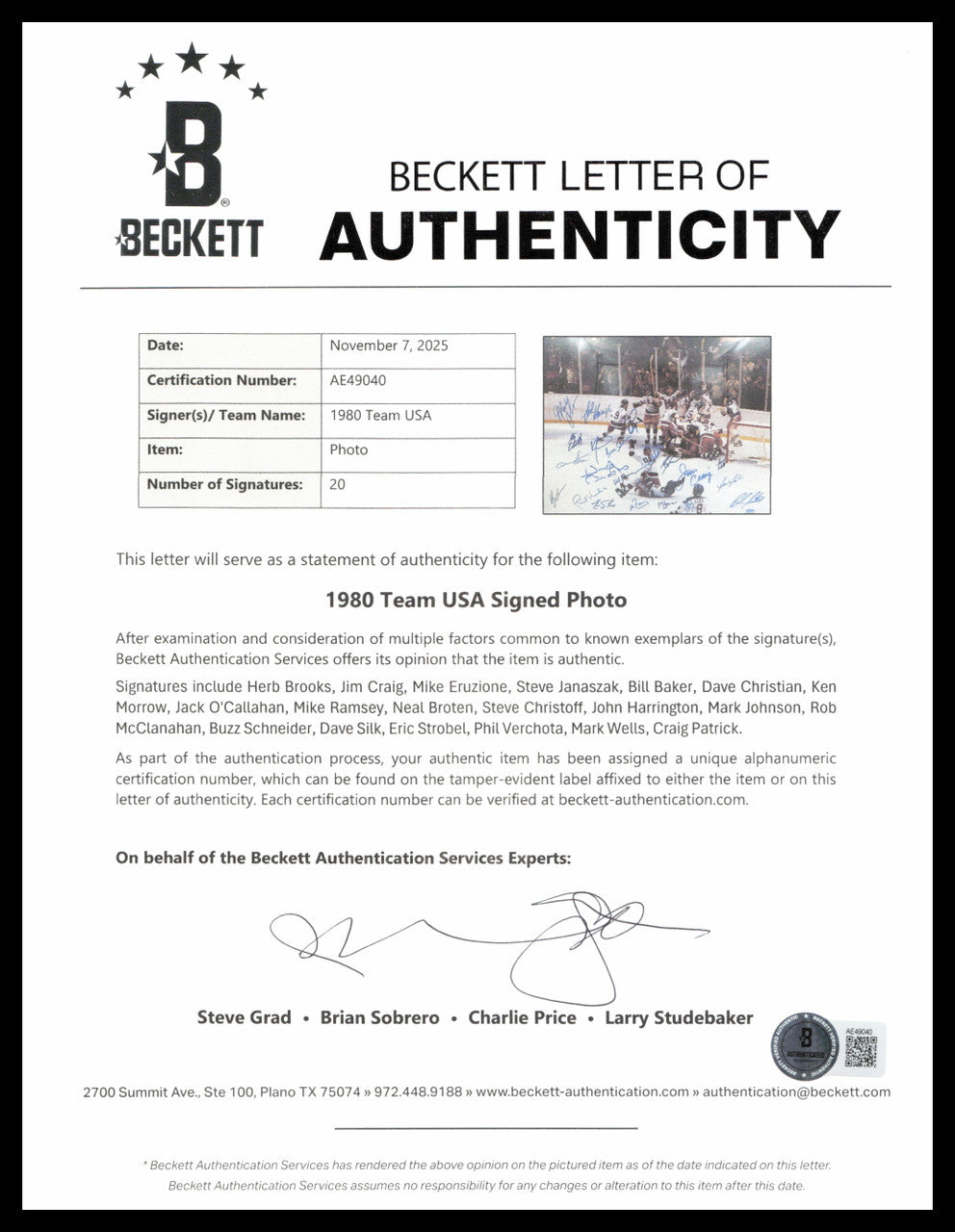 1980 Team USA Miracle On Ice Autographed Framed 16x20 Photo With 20 Signatures Including Herb Brooks Beckett BAS #AE49040
