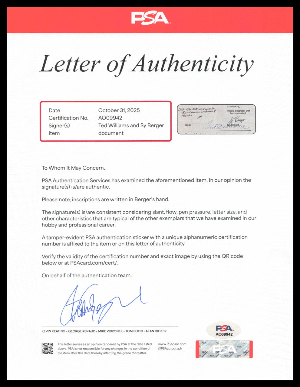 Ted Williams Autographed Framed 1955 Topps Contract Boston Red Sox With Sy Berger PSA/DNA #AO09942