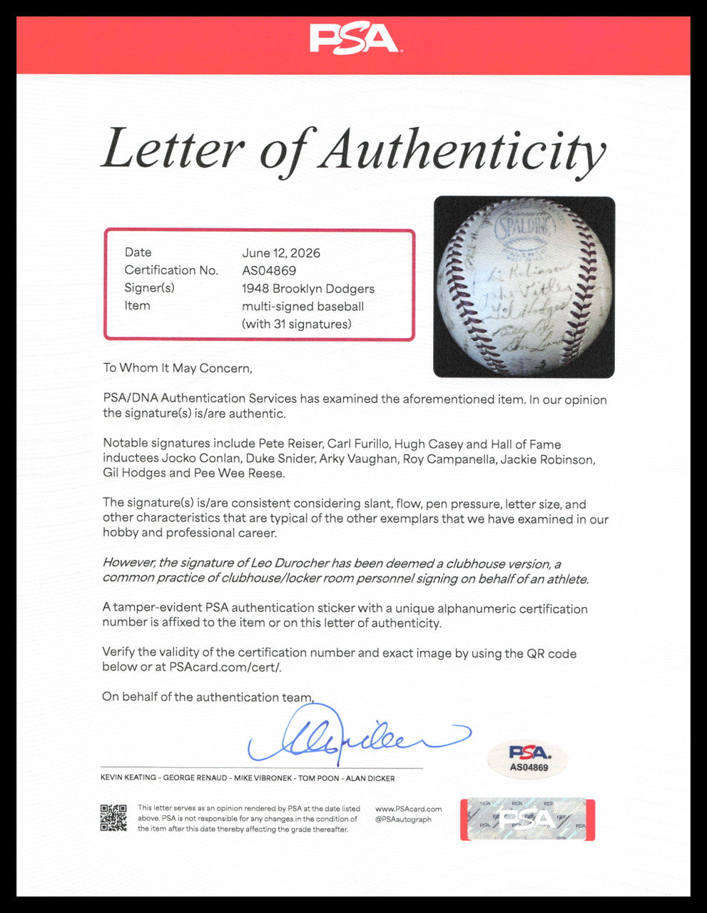 1948 Brooklyn Dodgers Team Autographed Official Frick NL Baseball With 31 Signatures Including Jackie Robinson PSA/DNA #AS04869