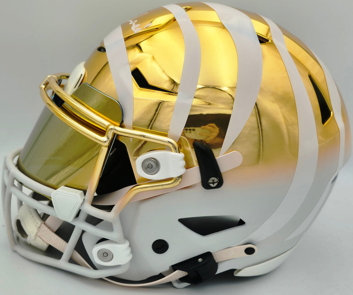 Ja'Marr Chase Autographed Cincinnati Bengals Gold Full Size SpeedFlex Authentic Helmet Beckett BAS Witness #3W360476