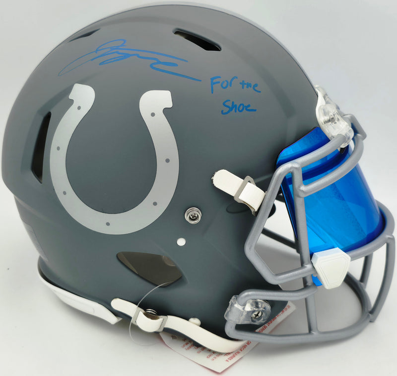 Jonathan Taylor Autographed Indianapolis Colts Slate Gray Full Size Speed Authentic Helmet "For The Shoe" Fanatics Holo #DC75984459