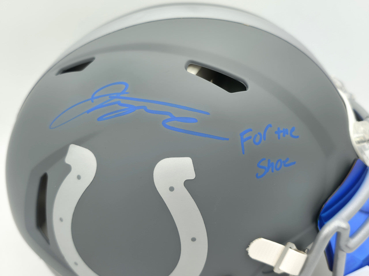 Jonathan Taylor Autographed Indianapolis Colts Slate Gray Full Size Speed Authentic Helmet "For The Shoe" Fanatics Holo #DC75984459