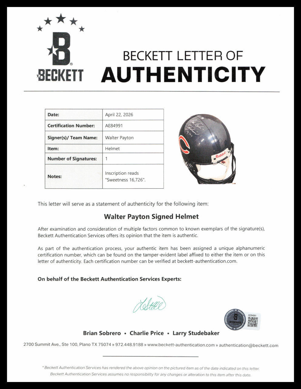 Walter Payton Autographed Chicago Bears Blue Full Size Riddell Authentic Helmet "Sweetness 16,726" PSA/DNA & #538/600 Beckett BAS #AE84991