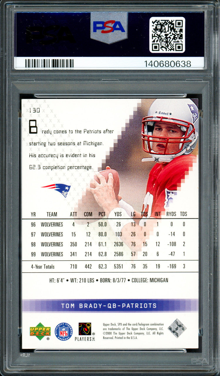 Tom Brady Autographed 2000 Upper Deck SPx Rookie Card #130 New England Patriots Auto Grade Gem Mint 10 PSA/DNA #140680638