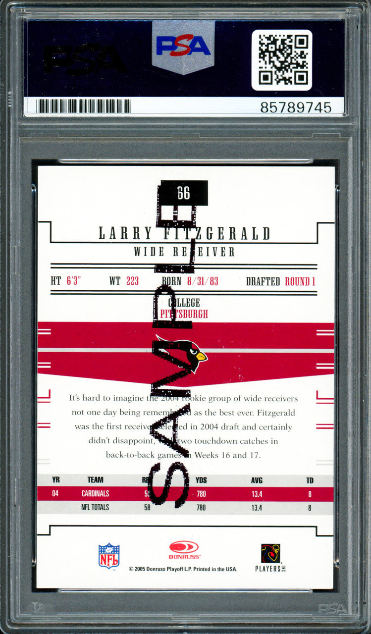 Larry Fitzgerald Autographed 2005 Donruss Gridiron Gear Sample Card #66 Arizona Cardinals Auto Grade Gem Mint 10 PSA/DNA #85789745