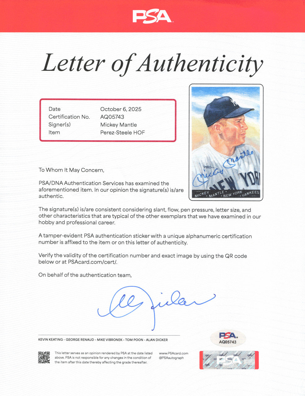 Mickey Mantle Autographed 1990 Perez-Steele Master Works New York Yankees PSA/DNA #AQ05743