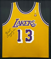 Los Angeles Lakers Wilt Chamberlain Autographed Framed Yellow Champion NBA 50th Anniversary Jersey "#13" Beckett BAS #AE51003