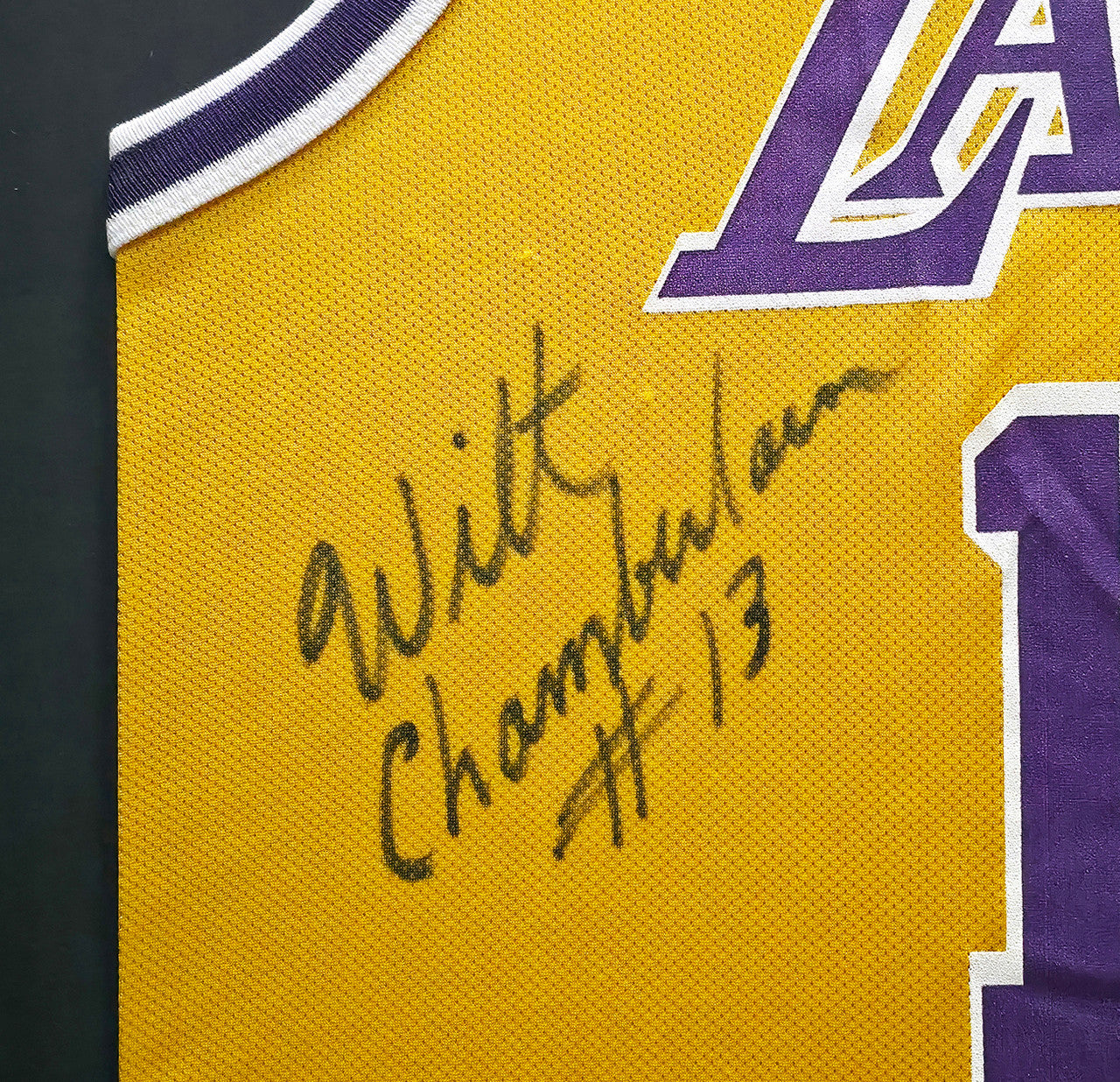 Los Angeles Lakers Wilt Chamberlain Autographed Framed Yellow Champion NBA 50th Anniversary Jersey "#13" Beckett BAS #AE51003