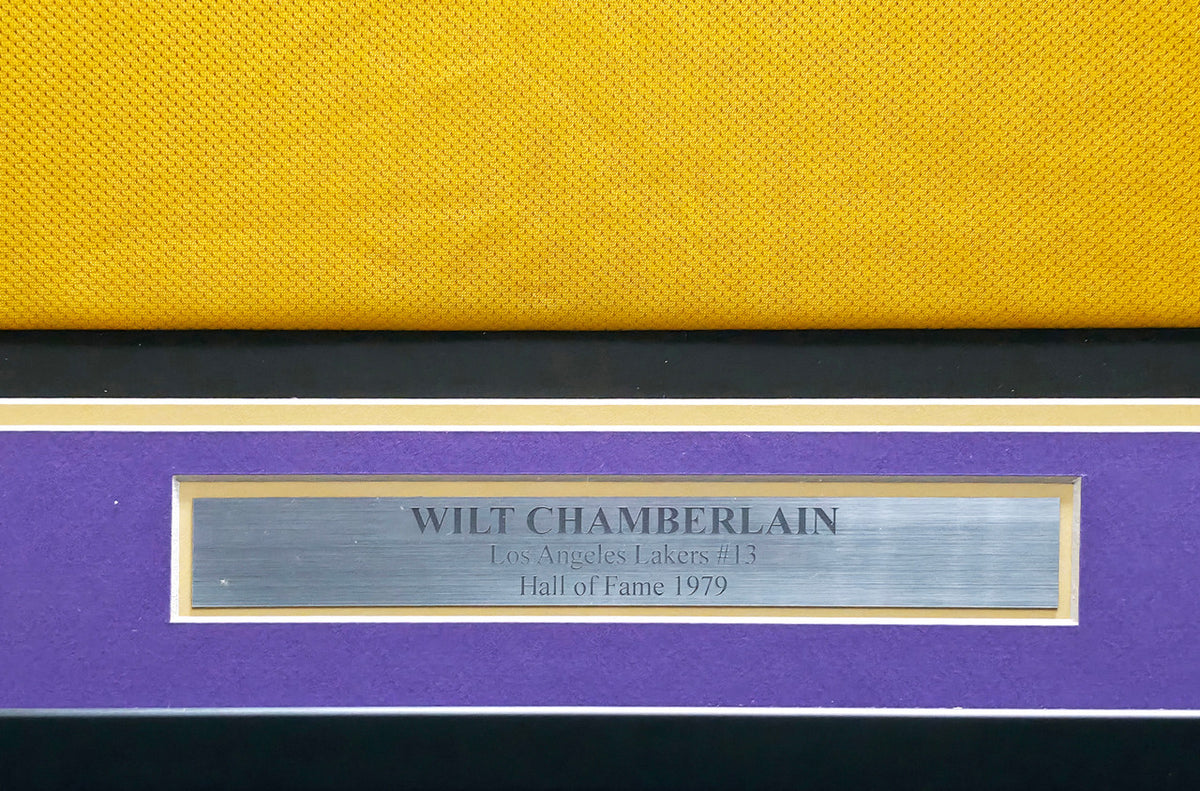 Los Angeles Lakers Wilt Chamberlain Autographed Framed Yellow Champion NBA 50th Anniversary Jersey "#13" Beckett BAS #AE51003