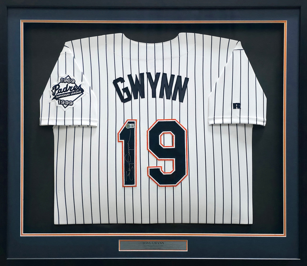San Diego Padres Tony Gwynn Autographed Framed White Pinstripes 30 Year Anniversary Russell Jersey Beckett BAS QR #BW06390