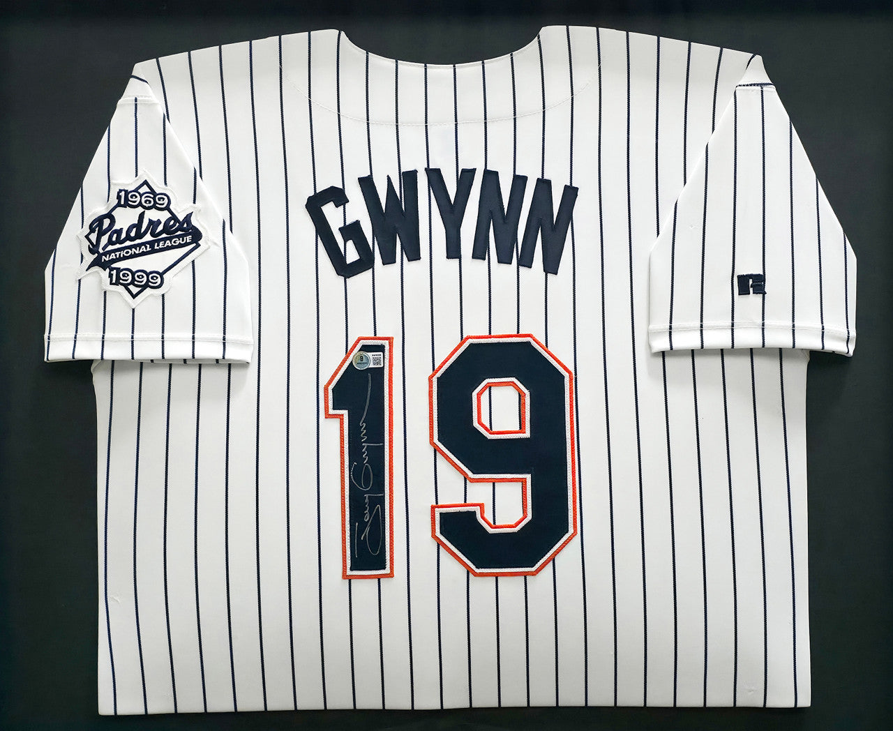 San Diego Padres Tony Gwynn Autographed Framed White Pinstripes 30 Year Anniversary Russell Jersey Beckett BAS QR #BW06390