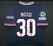 2021-22 PSG Lionel Messi Autographed Framed Blue Jordan Jersey Beckett BAS Witness #2W114274