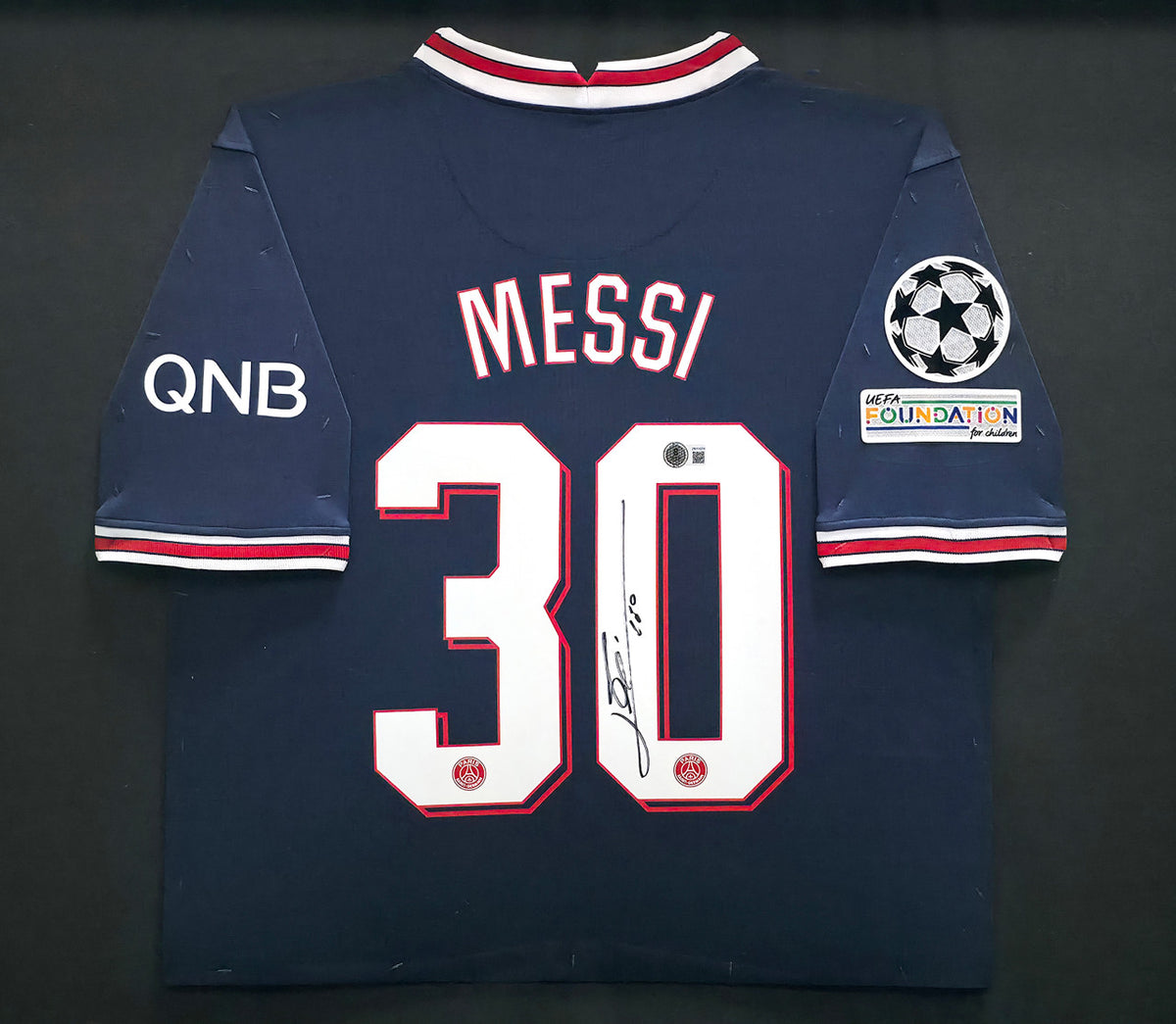 2021-22 PSG Lionel Messi Autographed Framed Blue Jordan Jersey Beckett BAS Witness #2W114274
