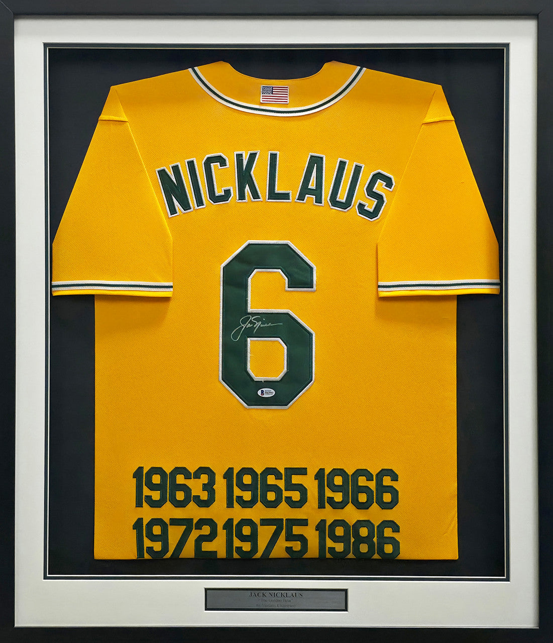 Jack Nicklaus Autographed Framed Yellow 6x Masters Champion Jersey Beckett BAS #H63941