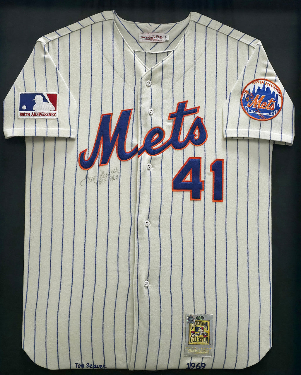 New York Mets Tom Seaver Autographed Framed Cream Pinstripes Mitchell & Ness MLB 100th Anniversary Patch Jersey "HOF 98.8%" PSA/DNA #AM09751
