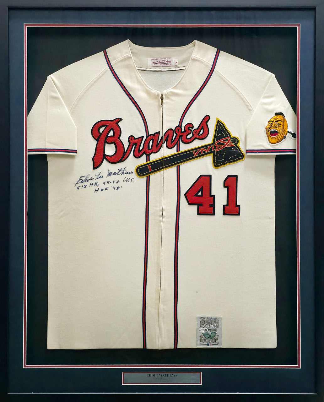 Atlanta Braves Eddie Mathews Autographed Framed Cream Mitchell & Ness Jersey "512 HR, 57-58 WS & HOF 78" JSA #CJ58060
