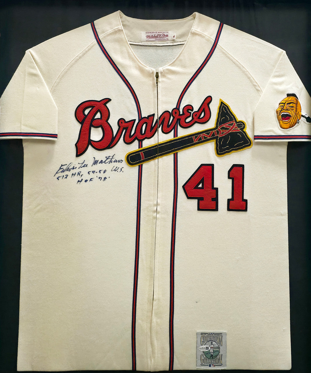 Atlanta Braves Eddie Mathews Autographed Framed Cream Mitchell & Ness Jersey "512 HR, 57-58 WS & HOF 78" JSA #CJ58060