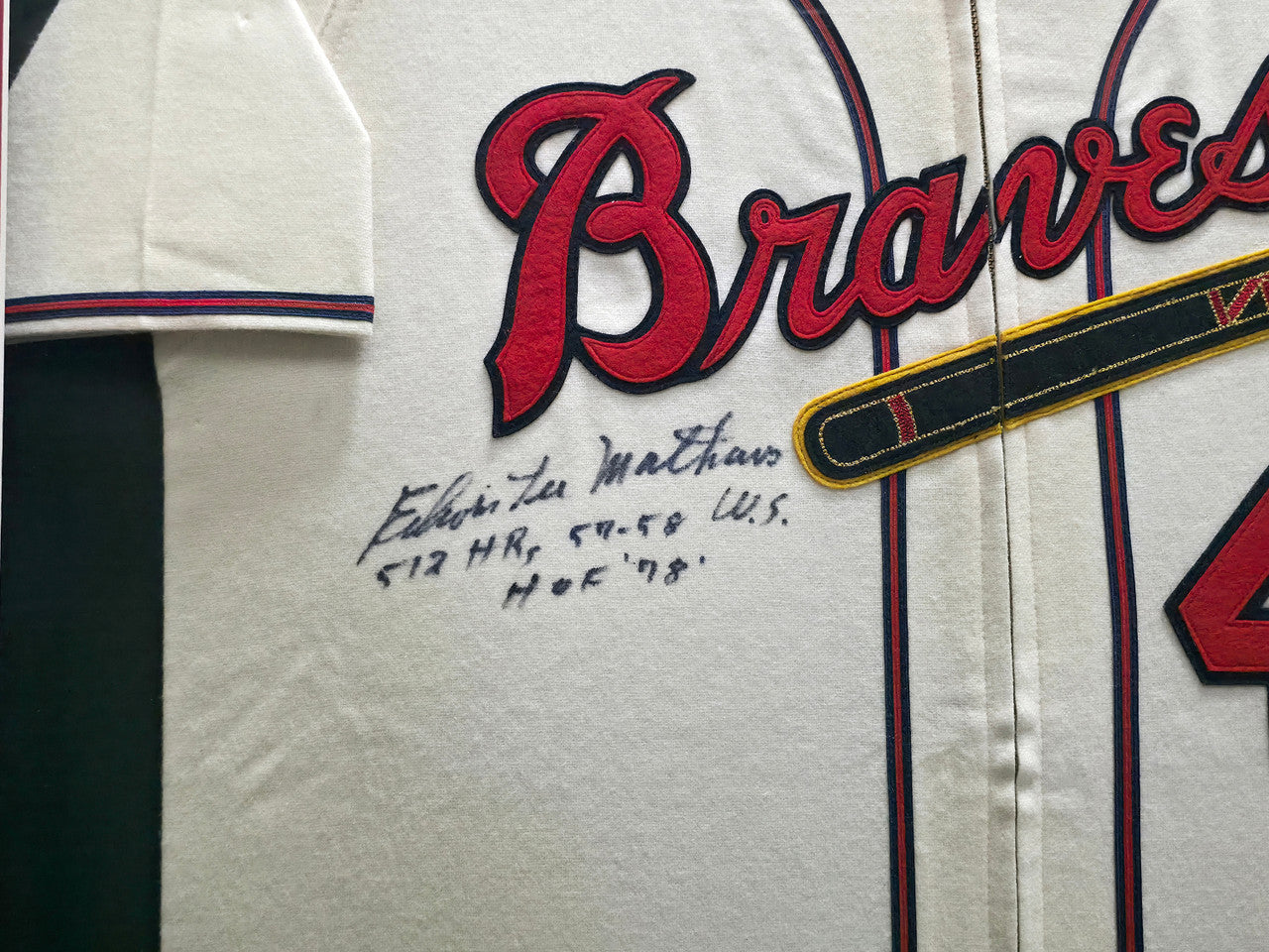 Atlanta Braves Eddie Mathews Autographed Framed Cream Mitchell & Ness Jersey "512 HR, 57-58 WS & HOF 78" JSA #CJ58060
