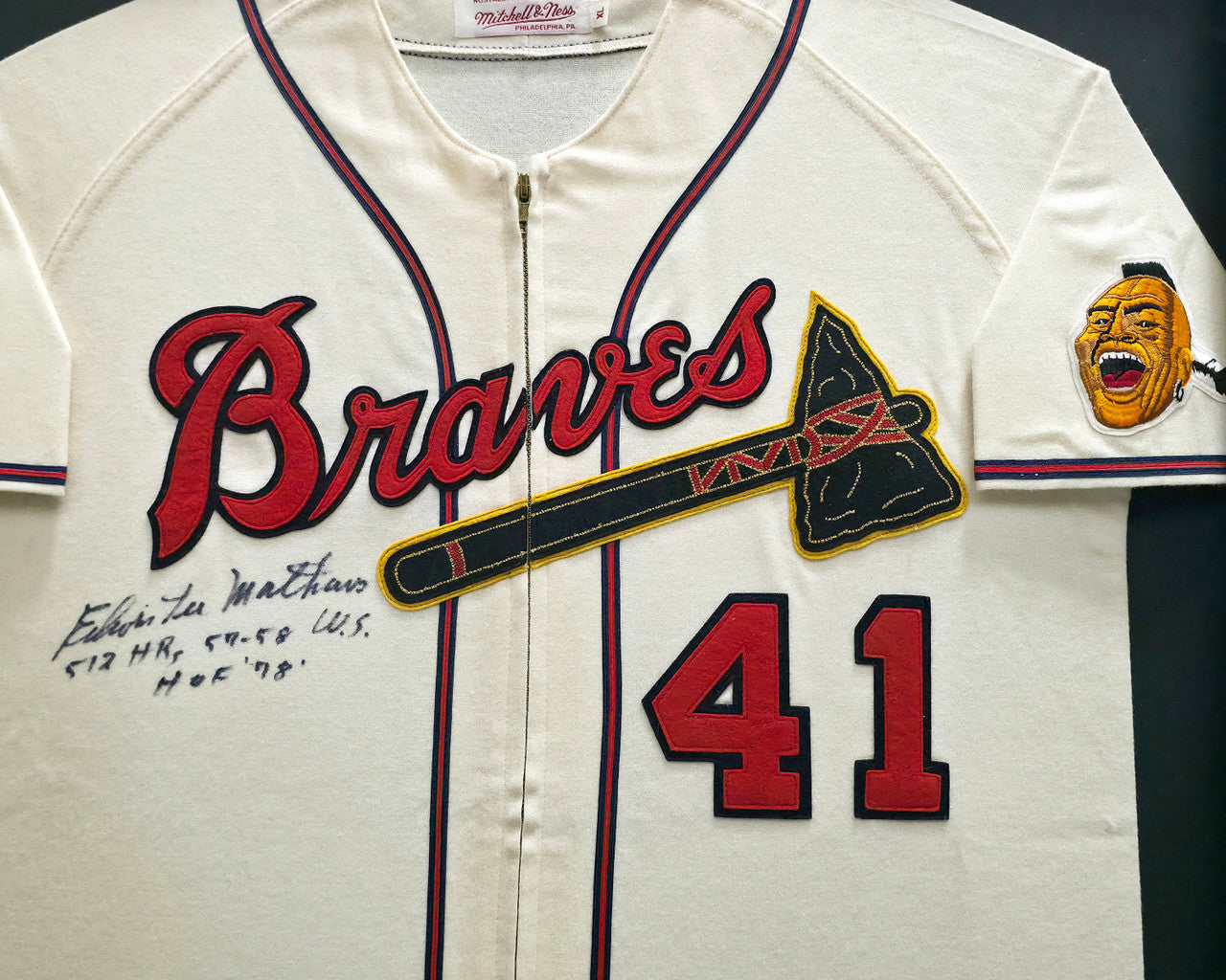 Atlanta Braves Eddie Mathews Autographed Framed Cream Mitchell & Ness Jersey "512 HR, 57-58 WS & HOF 78" JSA #CJ58060