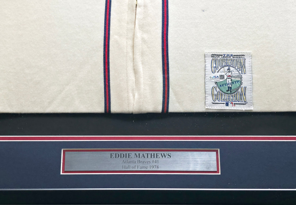 Atlanta Braves Eddie Mathews Autographed Framed Cream Mitchell & Ness Jersey "512 HR, 57-58 WS & HOF 78" JSA #CJ58060