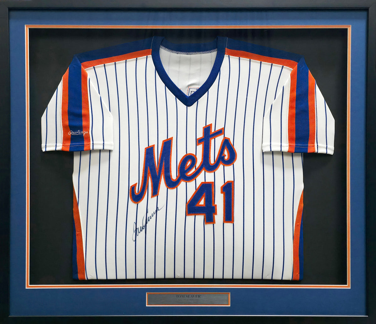 New York Mets Tom Seaver Autographed Framed White Pinstripes Rawlings 1990 Team Issued Jersey Beckett BAS QR #BU84001