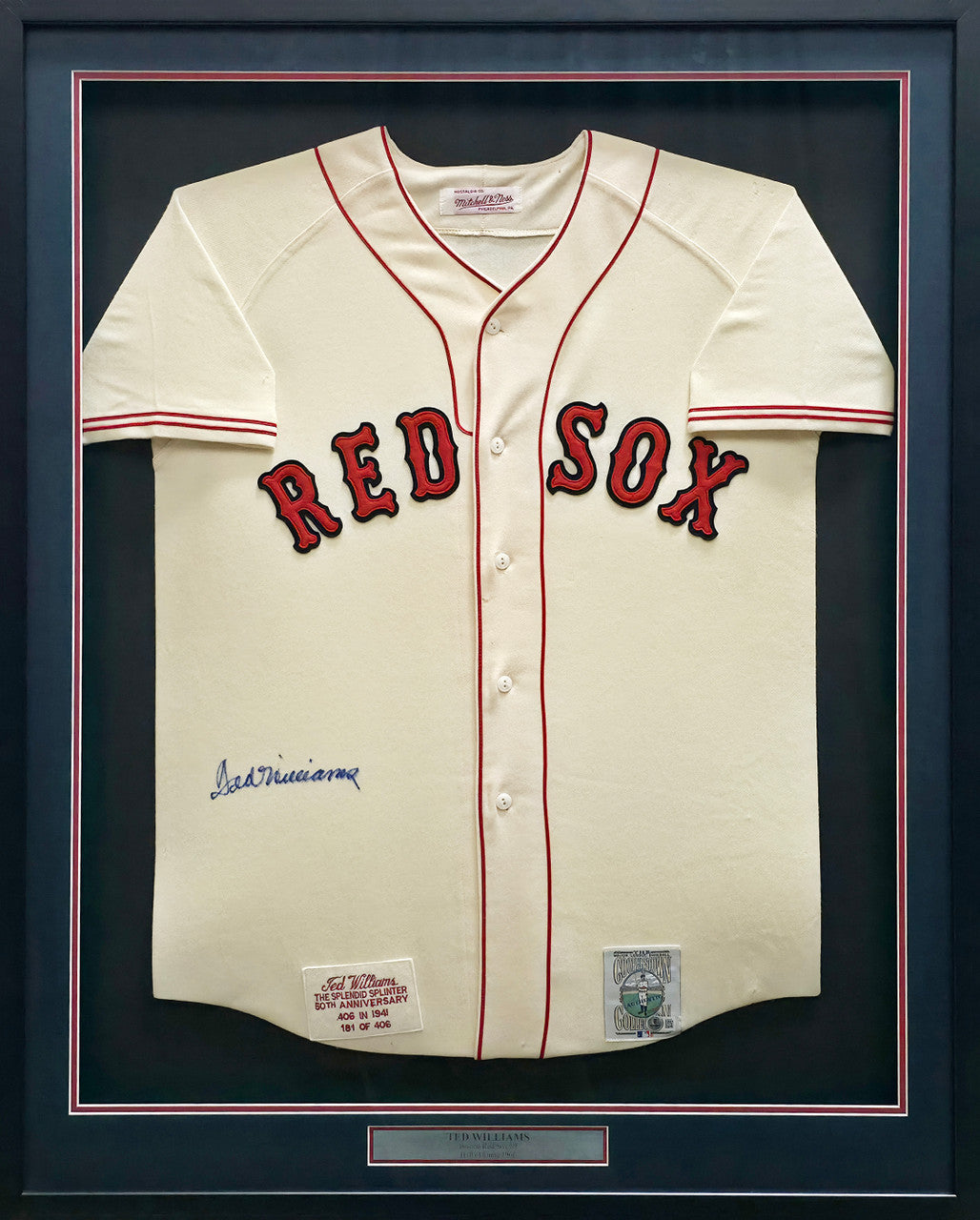 Boston Red Sox Ted Williams Autographed Framed Cream Mitchell & Ness Jersey Beckett BAS #AE46403