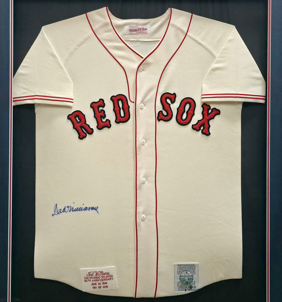 Boston Red Sox Ted Williams Autographed Framed Cream Mitchell & Ness Jersey Beckett BAS #AE46403