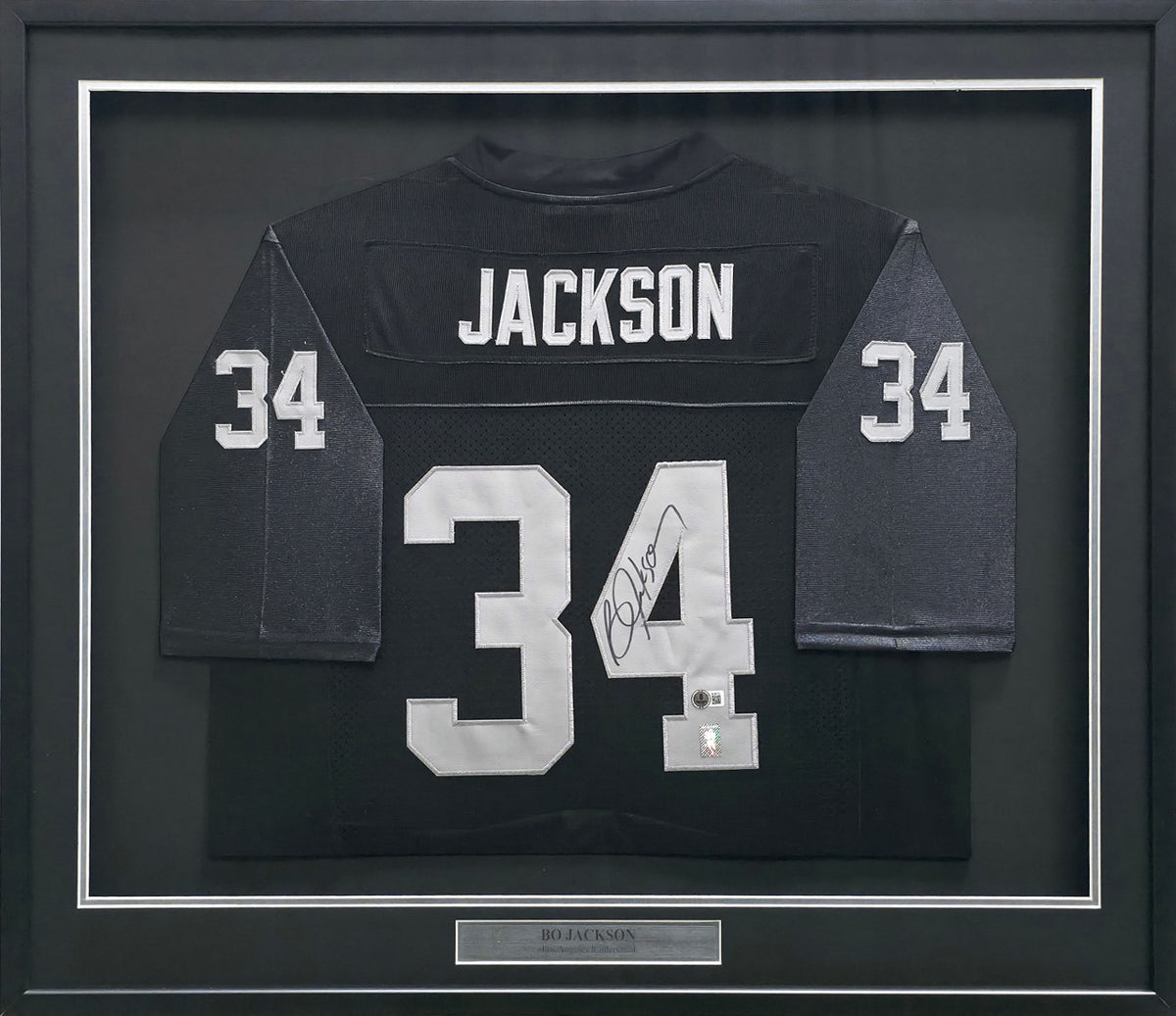 Oakland Raiders Bo Jackson Autographed Framed Black Mitchell & Ness 1987 Throwback Jersey Beckett BAS QR #BU86725
