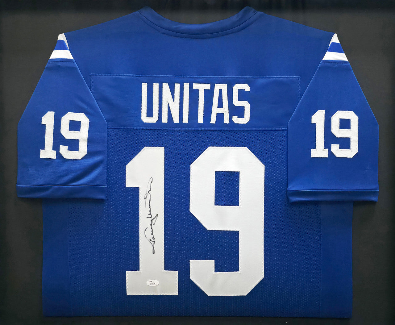 Baltimore Colts Johnny Unitas Autographed Framed Blue Jersey JSA #Z72538