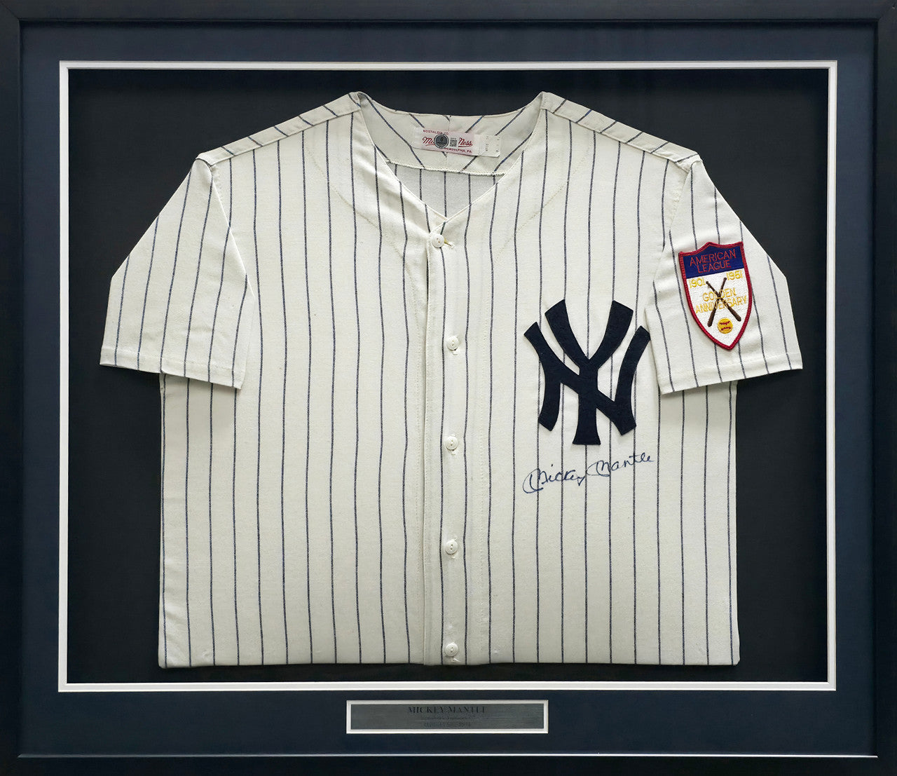 New York Yankees Mickey Mantle Autographed Framed White Pinstripes Mitchell & Ness AL 50th Anniversary Jersey Beckett BAS #AE15125