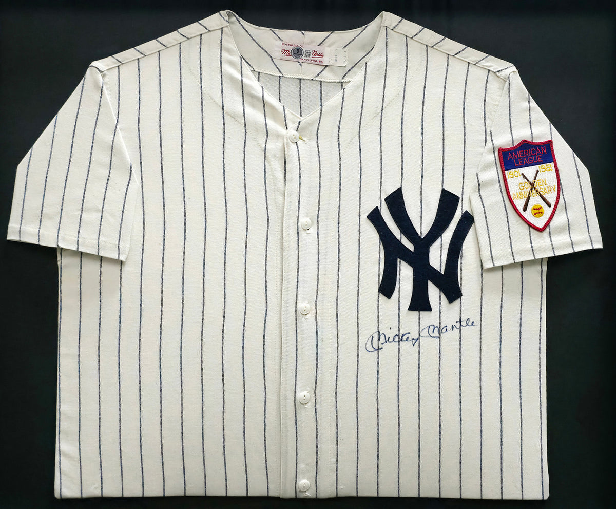 New York Yankees Mickey Mantle Autographed Framed White Pinstripes Mitchell & Ness AL 50th Anniversary Jersey Beckett BAS #AE15125