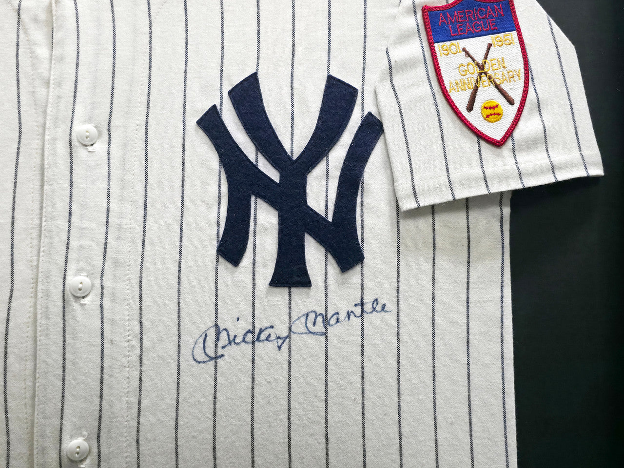 New York Yankees Mickey Mantle Autographed Framed White Pinstripes Mitchell & Ness AL 50th Anniversary Jersey Beckett BAS #AE15125