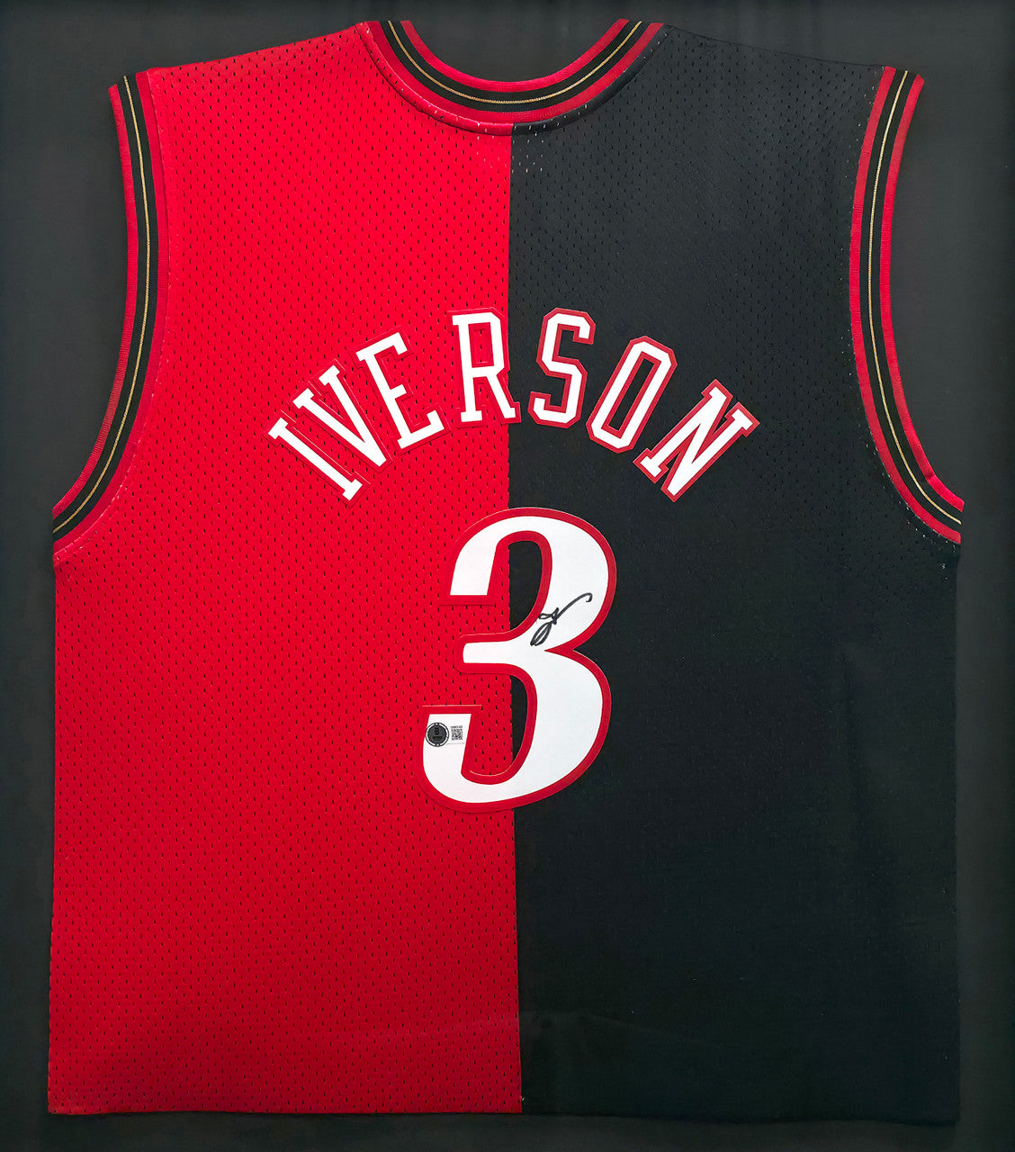 Philadelphia 76ers Allen Iverson Autographed Framed Red & Black Mitchell & Ness HWC Swingman Jersey Beckett BAS Witness #AW901183