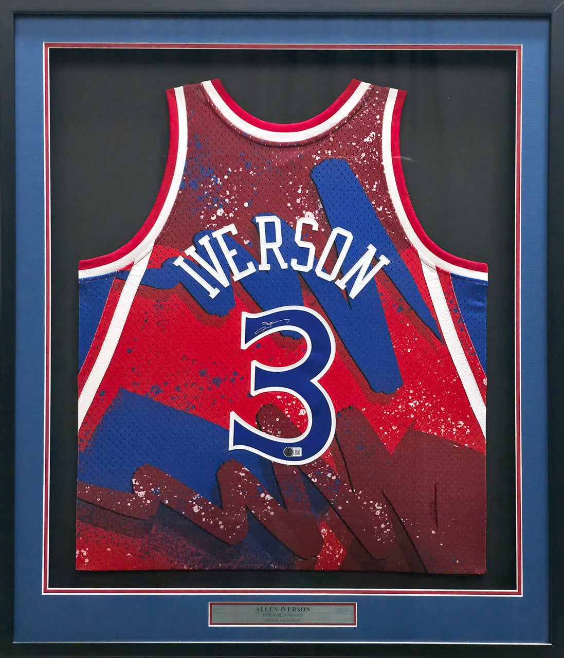 Philadelphia 76ers Allen Iverson Autographed Framed Red & Blue Mitchell & Ness HWC Swingman Jersey Beckett BAS Witness #AW901185