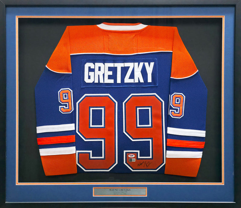 Edmonton Oilers Wayne Gretzky Autographed Framed Orange & Blue Jersey PSA/DNA & Beckett BAS #AE16694