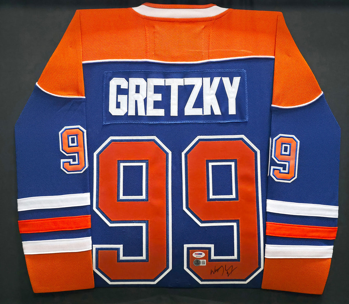 Edmonton Oilers Wayne Gretzky Autographed Framed Orange & Blue Jersey PSA/DNA & Beckett BAS #AE16694