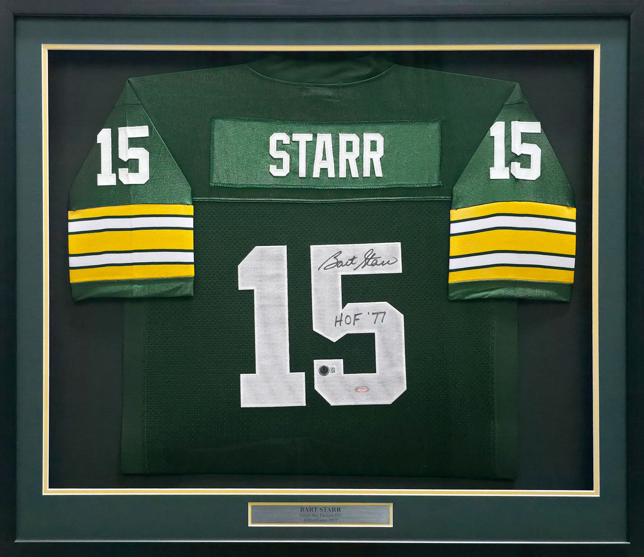 Green Bay Packers Bart Starr Autographed Framed Green Mitchell & Ness Jersey "HOF 77" Beckett BAS #AE49028
