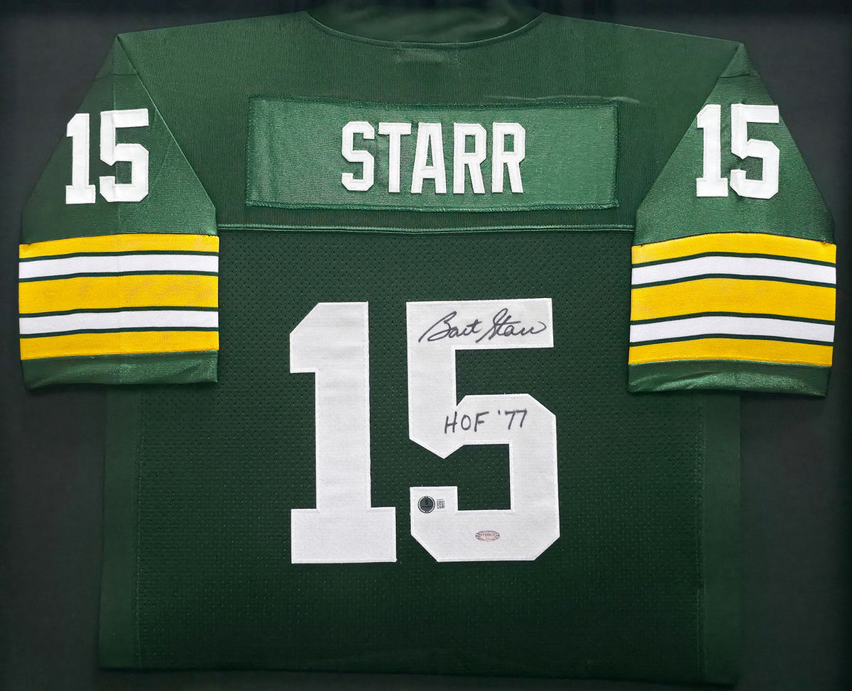 Green Bay Packers Bart Starr Autographed Framed Green Mitchell & Ness Jersey "HOF 77" Beckett BAS #AE49028