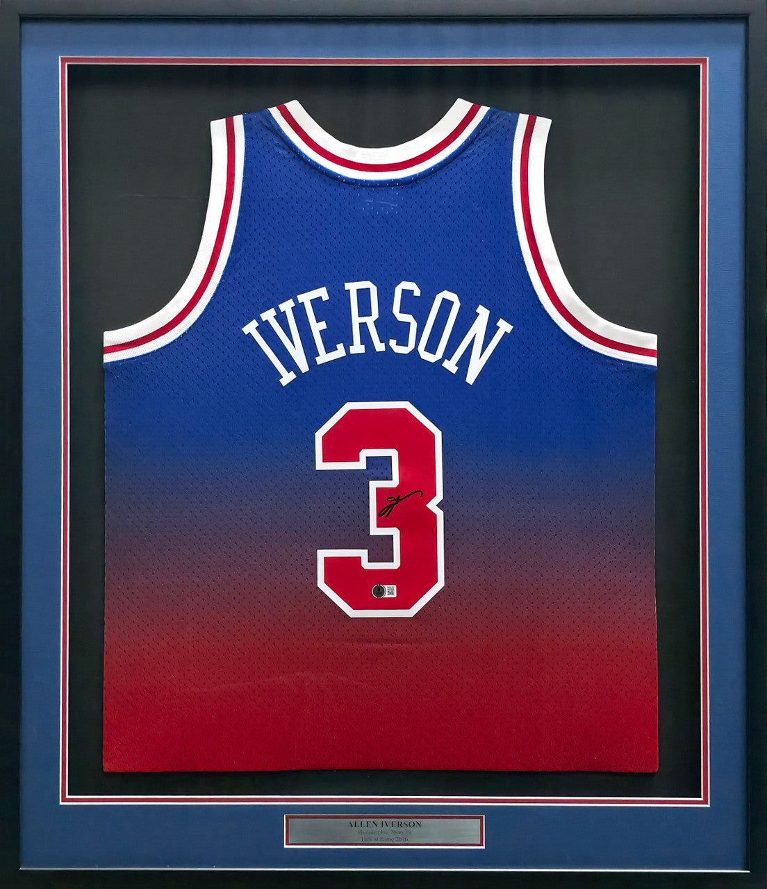Philadelphia 76ers Allen Iverson Autographed Framed Blue & Red Mitchell & Ness HWC Swingman Jersey Beckett BAS Witness #1W901182