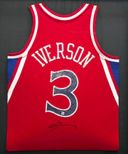 Philadelphia 76ers Allen Iverson Autographed Framed Red Mitchell & Ness HWC Swingman Jersey Beckett BAS Witness #1W901184