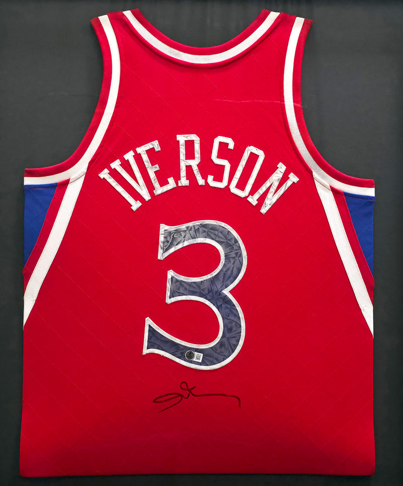 Philadelphia 76ers Allen Iverson Autographed Framed Red Mitchell & Ness HWC Swingman Jersey Beckett BAS Witness #1W901184