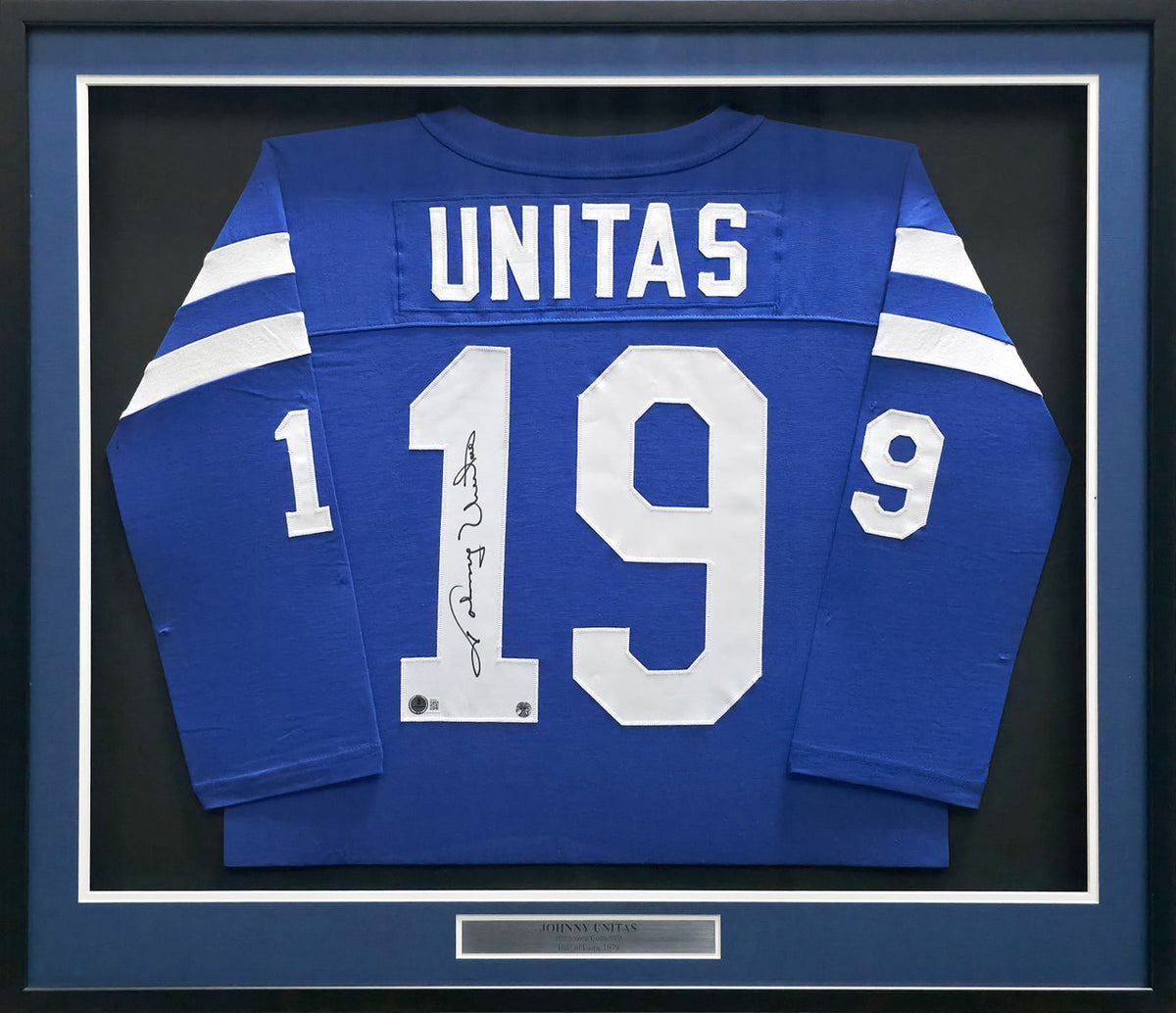 Baltimore Colts Johnny Unitas Autographed Framed Blue Jersey Beckett BAS #AE49031