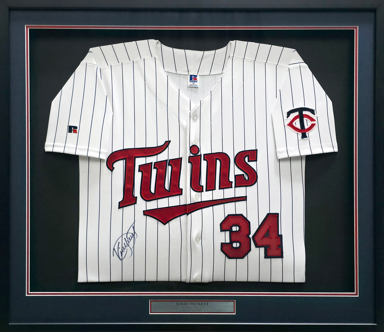 Minnesota Twins Kirby Puckett Autographed Framed White Pinstripes Russell Jersey JSA #ZZ67859