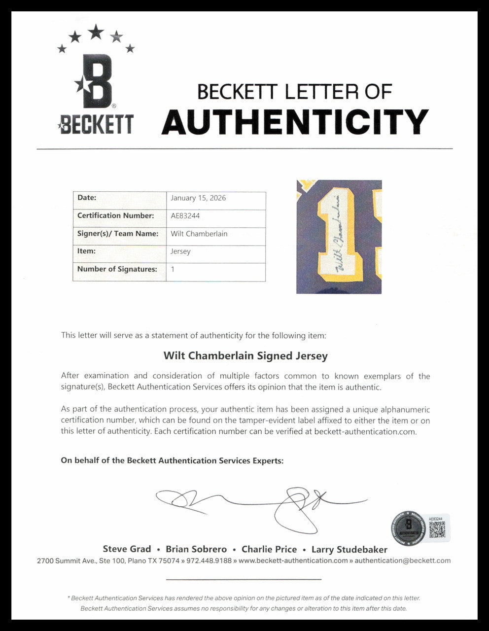 Los Angeles Lakers Wilt Chamberlain Autographed Framed Purple & Yellow Jersey PSA/DNA & Beckett BAS #AE83244